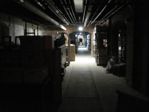 Color photo of the basement storage area of the Clark County Historical Society at the Heritage Center in Springfield, Ohio