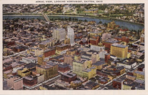 Color postcard with caption AERIAL VIEW, LOOKING NORTHWEST, DAYTON, OHIO