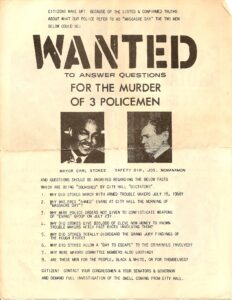 A digitized wanted poster from 1968. Printed at the top is Wanted to answer questions for the murder of 3 policemen. There are black and white photographs of two men in the middle of the poster.
