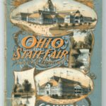 A 1904 historical poster advertising the Ohio State Fair. The poster has a green background and orange text. Drawings of buildings and a pond.