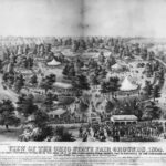 Historical black and white drawing of tents at the Ohio State fair in 1854. It's a view from above with trees, tents, and people.
