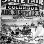 A black and white historical drawing of the 1896 Ohio State Fair. This is a poster advertising the fair and includes a horseless carriage.