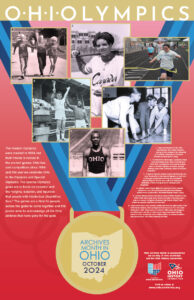 Poster of 6 historic images of athletes in Olympic games. The photographs are arranged over a red and blue background.