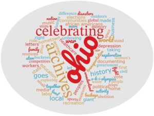 A word bubble of words relating to Archives Month. The largest words are Ohio, Archives, Celebrating.