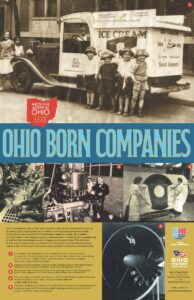 A montage of 5 historical images arranged onto a poster. Includes blue text in the center Ohio Born Companies.