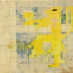 Scanned image of a paper with grid lines. Some of the squares are colored yellow and some blue to form a pattern.