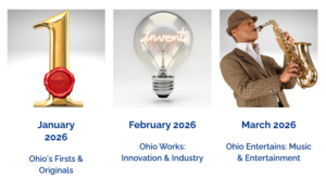 Screenshot of three images from the America250 Ohio website. First image is a number 1, second image is a lightbulb, and third image is a man playing a saxophone.