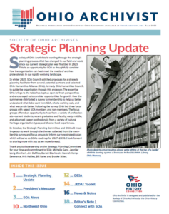 Screenshot of the first page of the Ohio Archivist newsletter for fall 2026. The headline in the center is Strategic Planning Update.